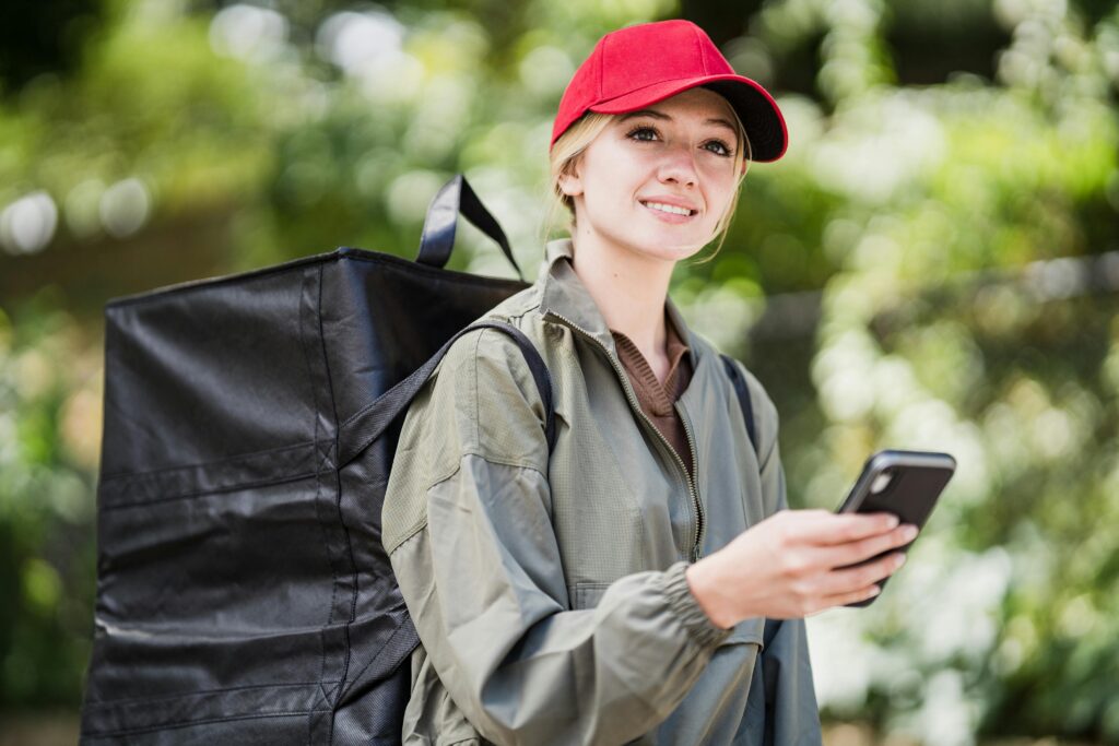 Smiling Courier with Backpack Holding Smartphone