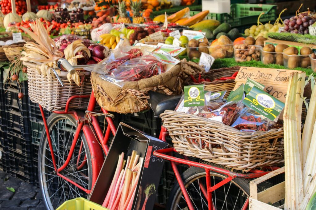 Assorted Fruits And Vegetables in Baskets for Sale In The Fruit Market